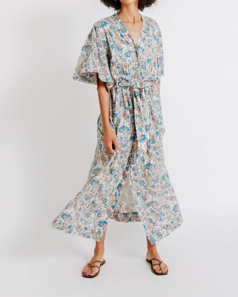 Front of a model wearing a size LARGE Hyannis Dress In Bougainvillea in Bougainvillea by Mirth. | dia_product_style_image_id:344693